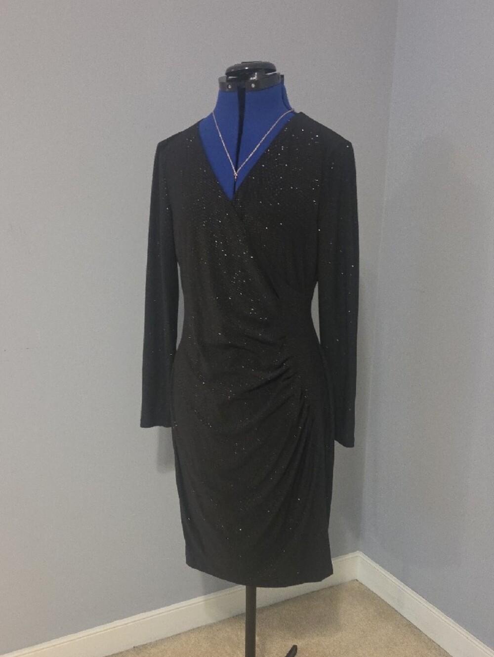 Calvin Klein Black Sparkle Wrap-Style Long Sleeve Dress - Picture 6 of 6